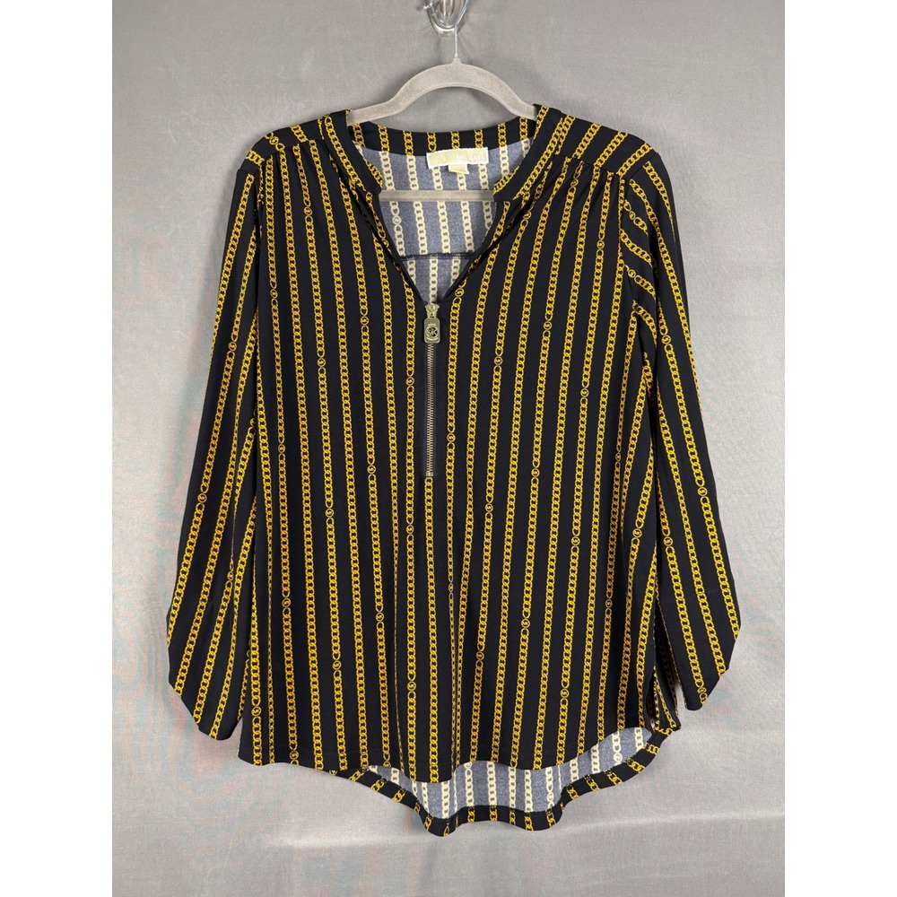 Michael Kors Blouse Women Large Black Gold Chain Print Roll Tab Half Zip Top